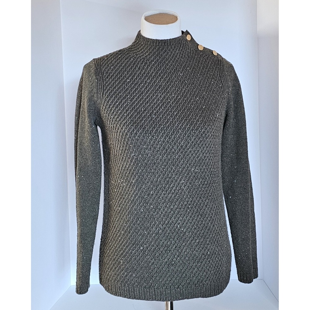 Talbots Sweater Womens XS Green Confetti Knit Mock Neck Pullover Gold Button L12